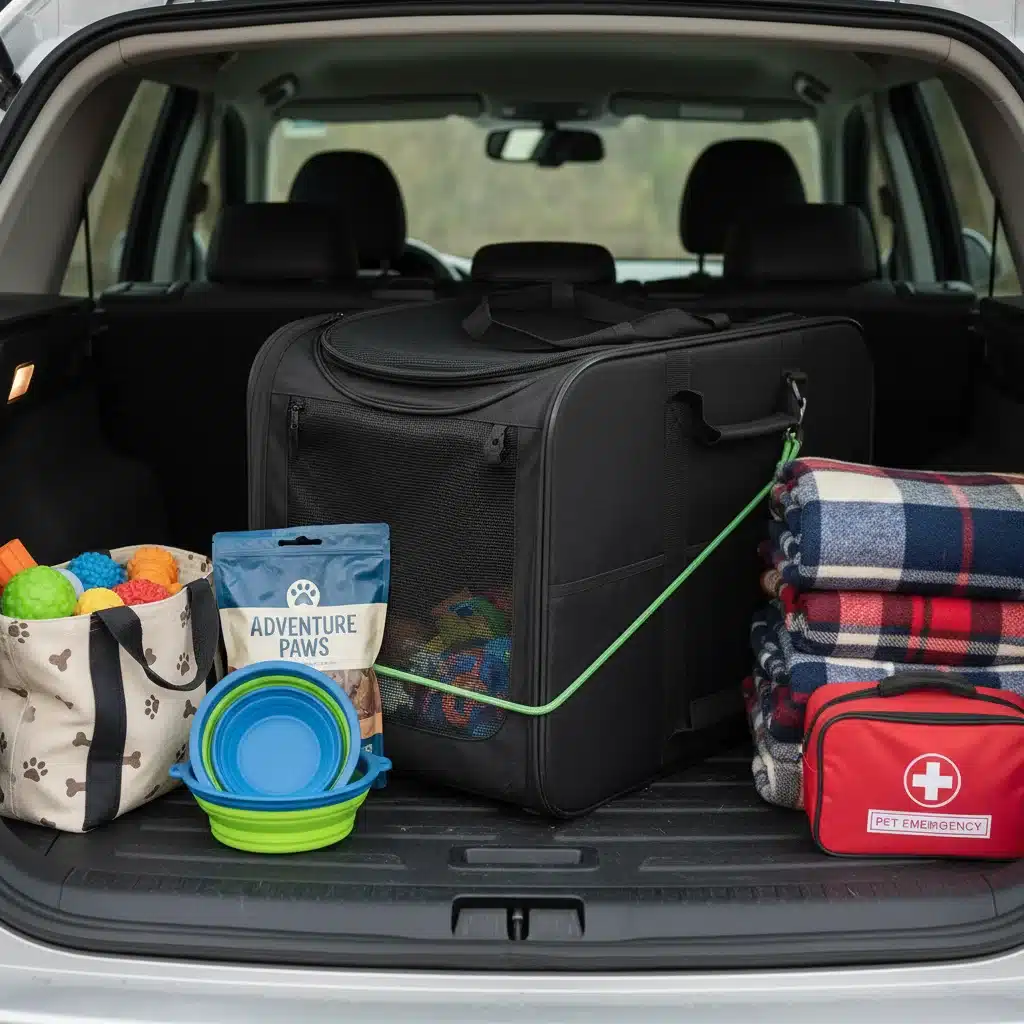 Organized car trunk with essential pet travel supplies for a road trip