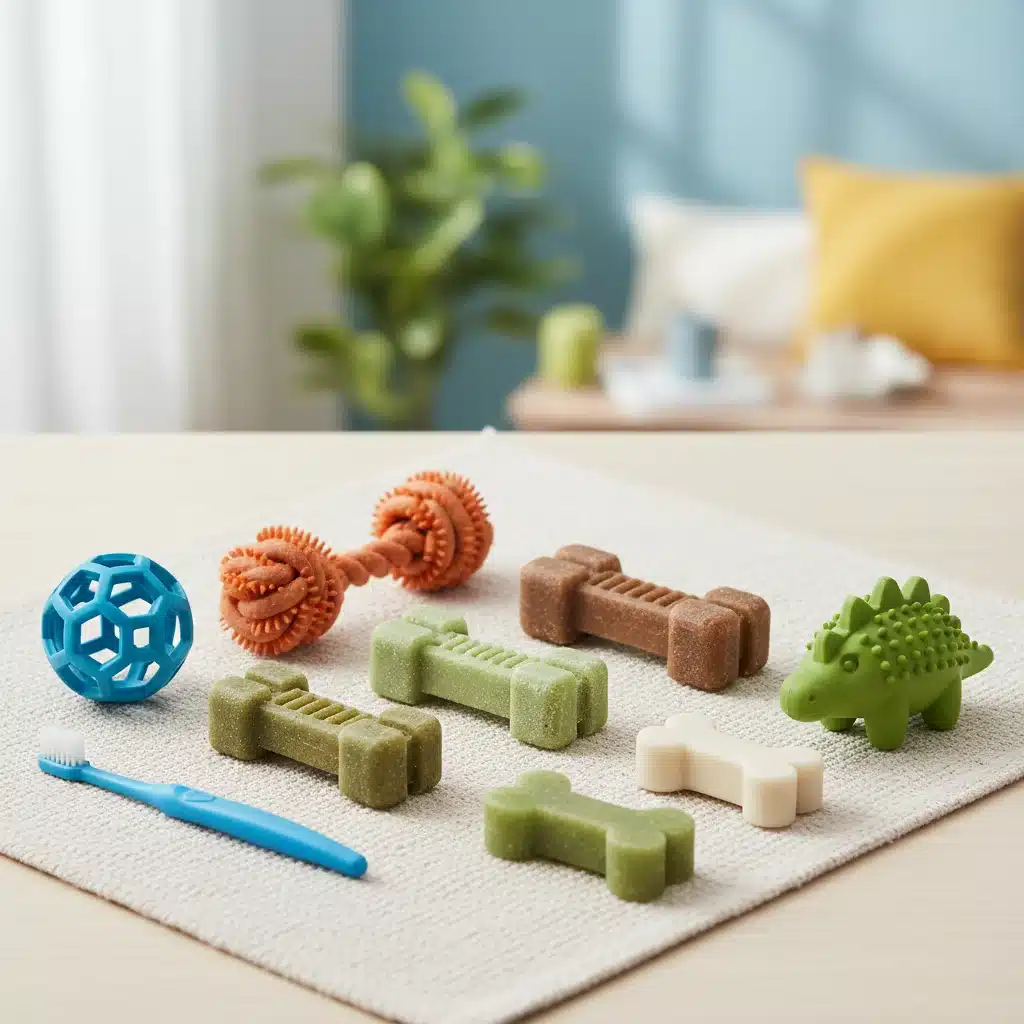 Variety of pet dental chews and specialized dental toys