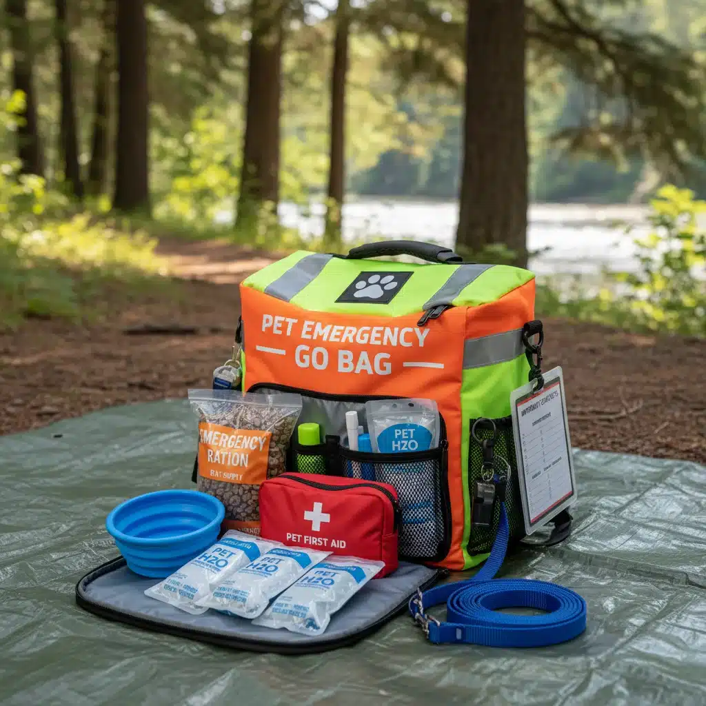 Well-organized pet emergency kit with food, water, and first-aid supplies.