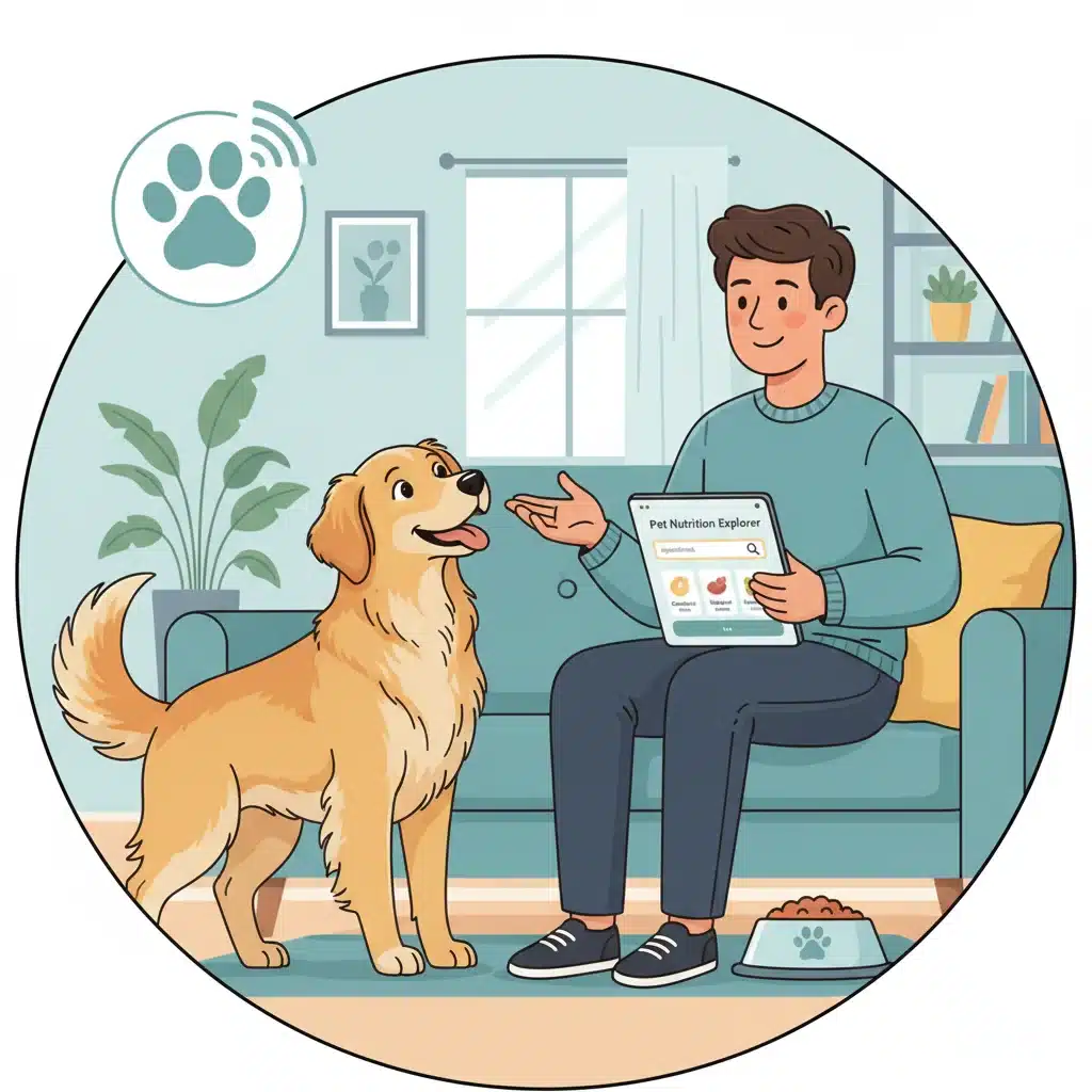 Pet owner researching pet food ingredients online with dog