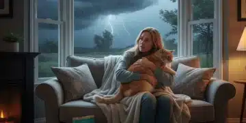 Pet owner hugging dog and cat during a storm, emphasizing pet disaster preparedness.