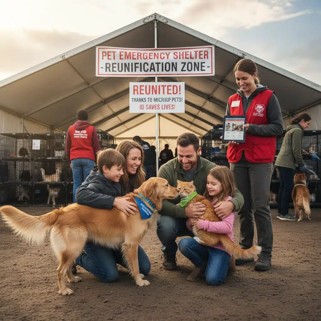 Family reuniting with pets at an emergency shelter after a disaster.
