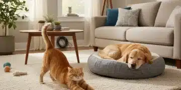 A happy cat and dog relaxing in a well-maintained, pet-safe home environment, free from common household dangers.