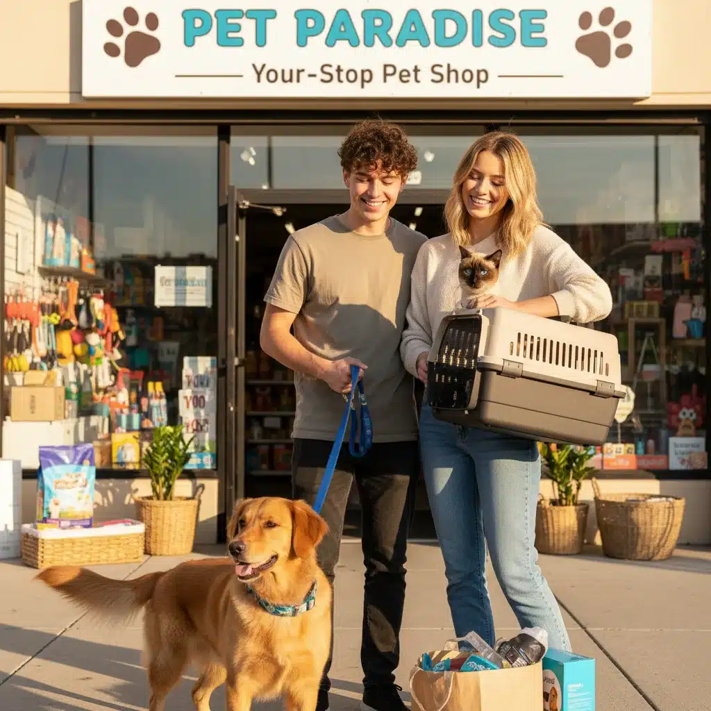 Couple shopping for pet supplies for their new dog and cat