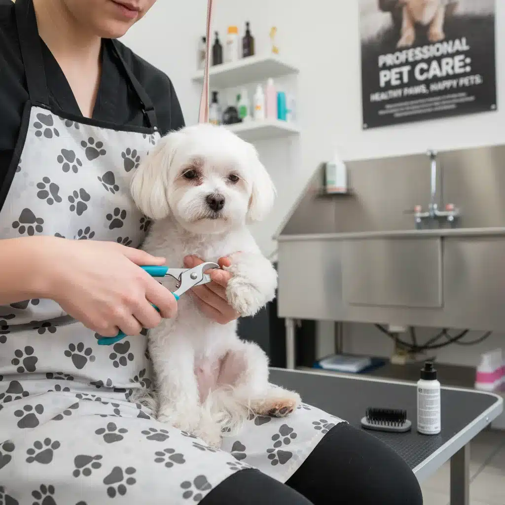 Professional groomer trimming small dog's nails