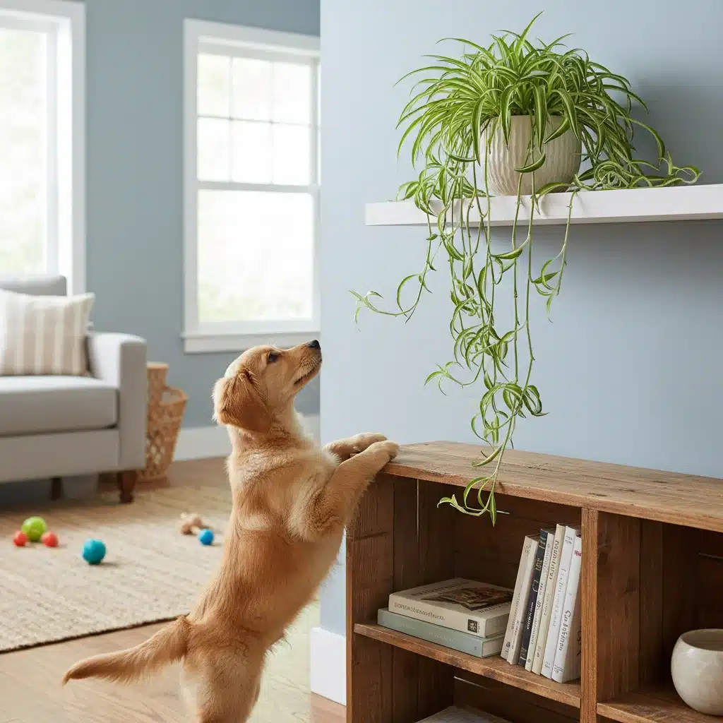 Non-toxic houseplant on a high shelf, demonstrating safe plant placement in a pet-friendly household.