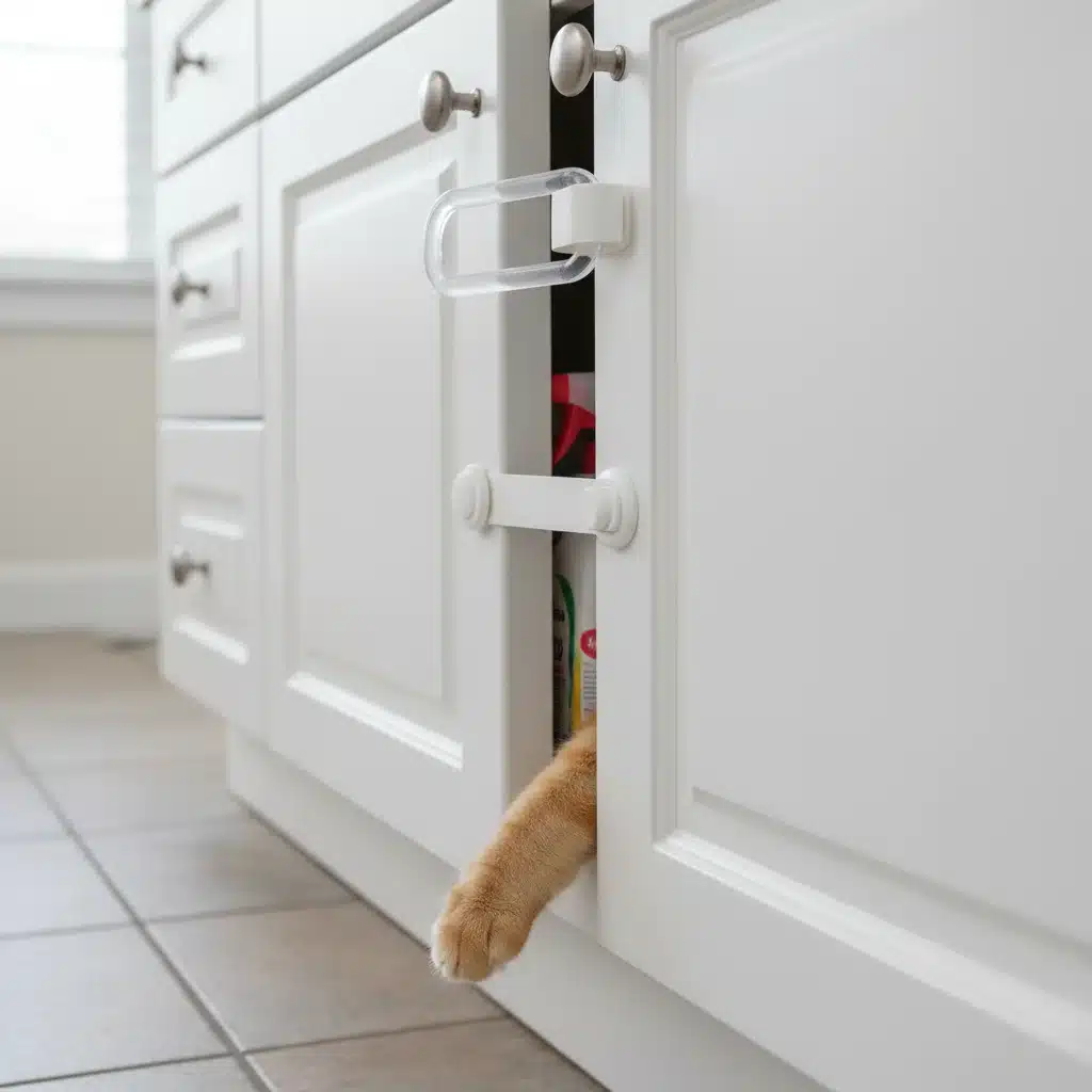 Child-proof locks on a cabinet door, preventing pets from accessing dangerous cleaning supplies and medications.