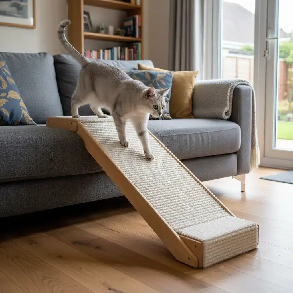 Senior cat using a pet ramp to access furniture, showing improved ease of movement.