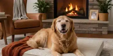 Senior golden retriever resting comfortably on a plush bed, looking peaceful.