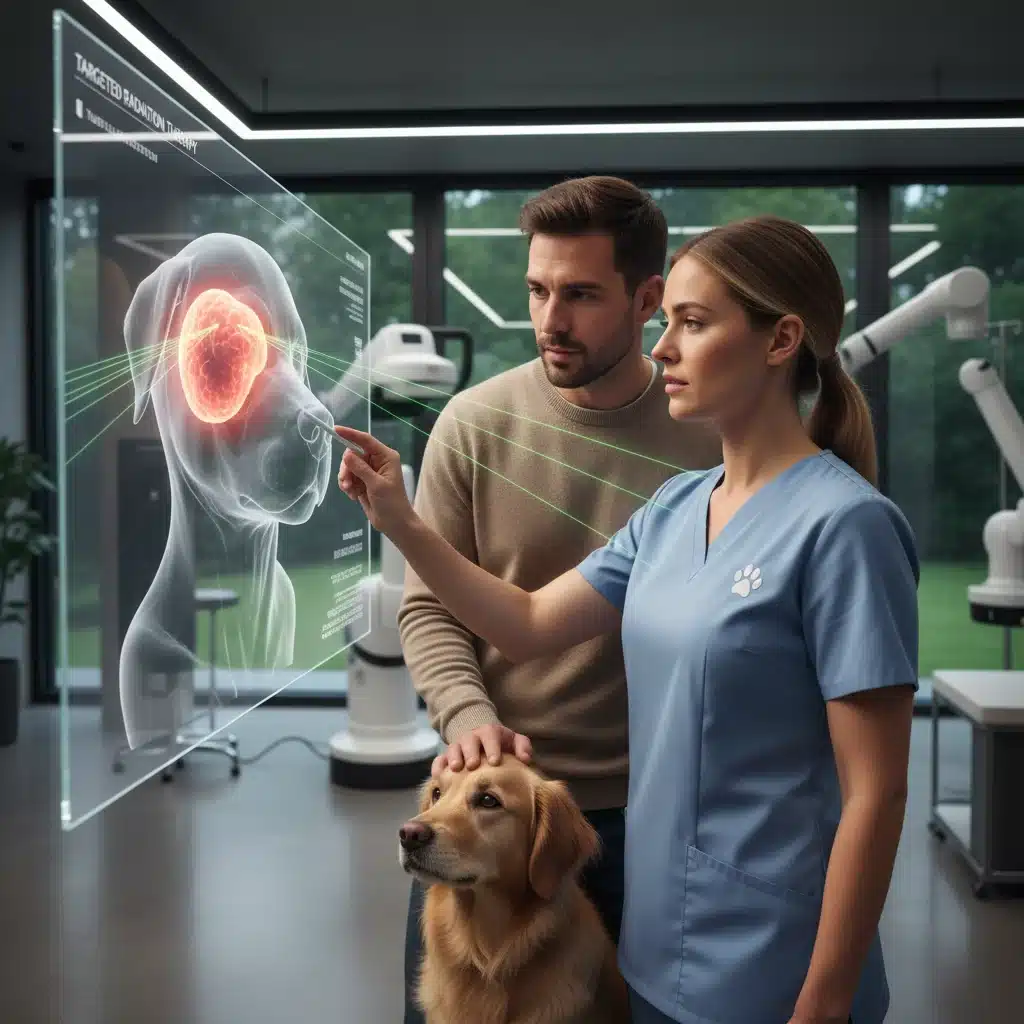 Veterinarian and pet owner discussing targeted radiation therapy based on a 3D tumor model.