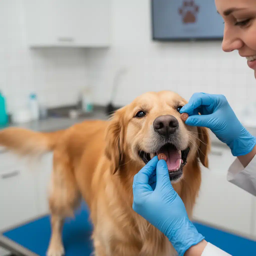 Veterinarian administering new oral parasite prevention to a dog.