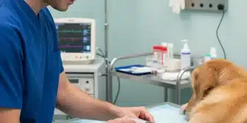 Veterinarian performing blood draw on a golden retriever, pet health checkup