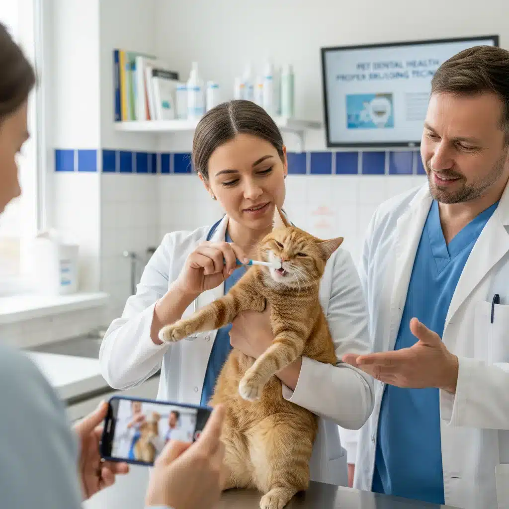 Veterinarian demonstrating proper tooth brushing technique for a cat