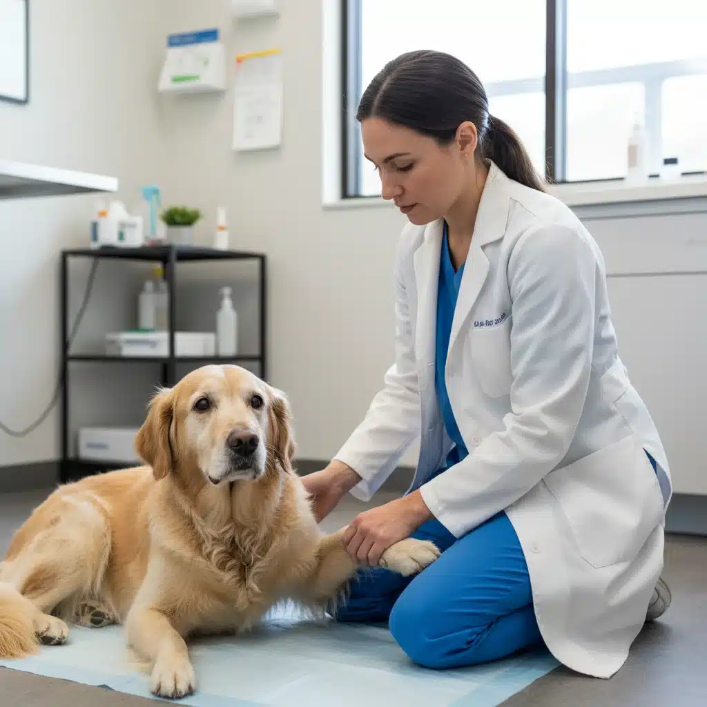Veterinarian performing a gentle joint examination on a senior dog.
