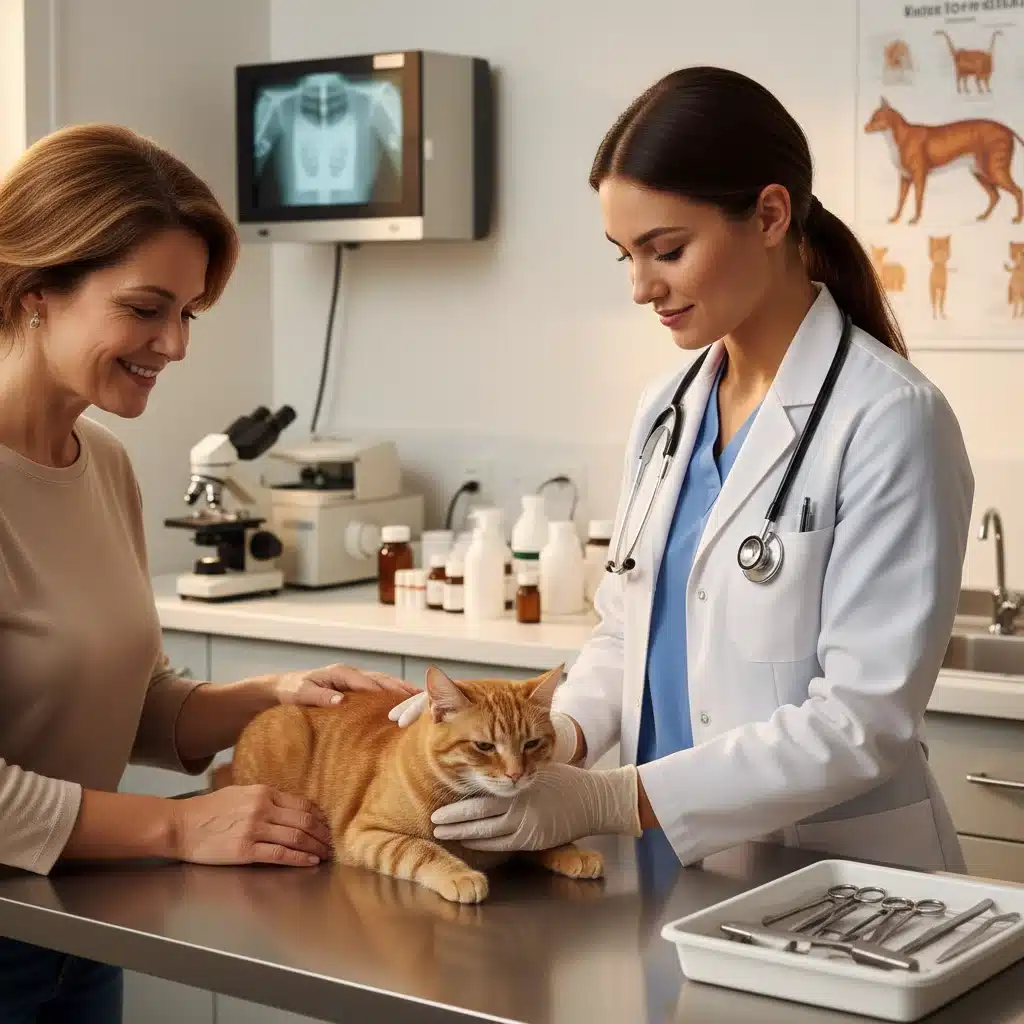 Veterinarian performing a routine health check on a cat with its owner present