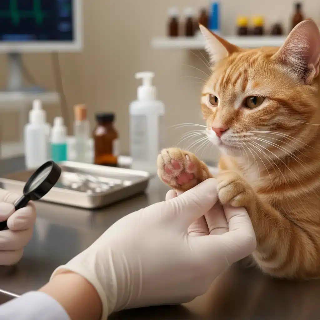 Veterinarian examining a cat's irritated paw for allergy symptoms.