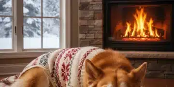 Golden retriever in a warm sweater by a fireplace, symbolizing winter pet care and protection.