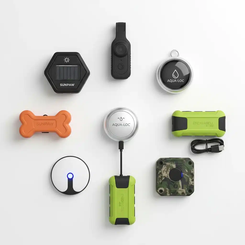 Variety of 2026 GPS pet trackers displaying different designs and features