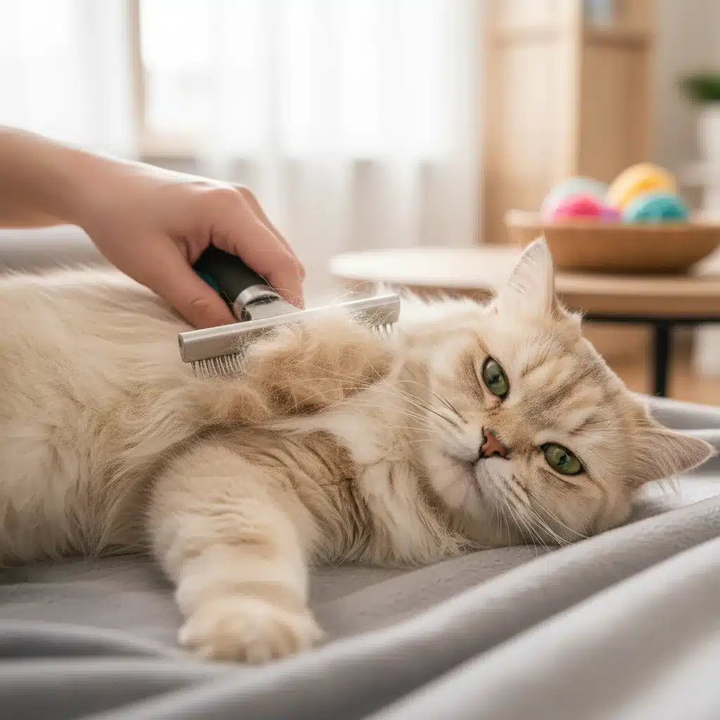 Long-haired cat being groomed with a deshedding brush.