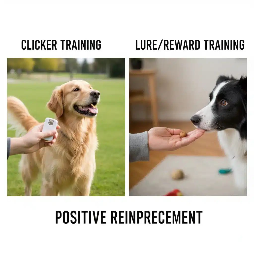 Split image comparing clicker and lure training tools and methods