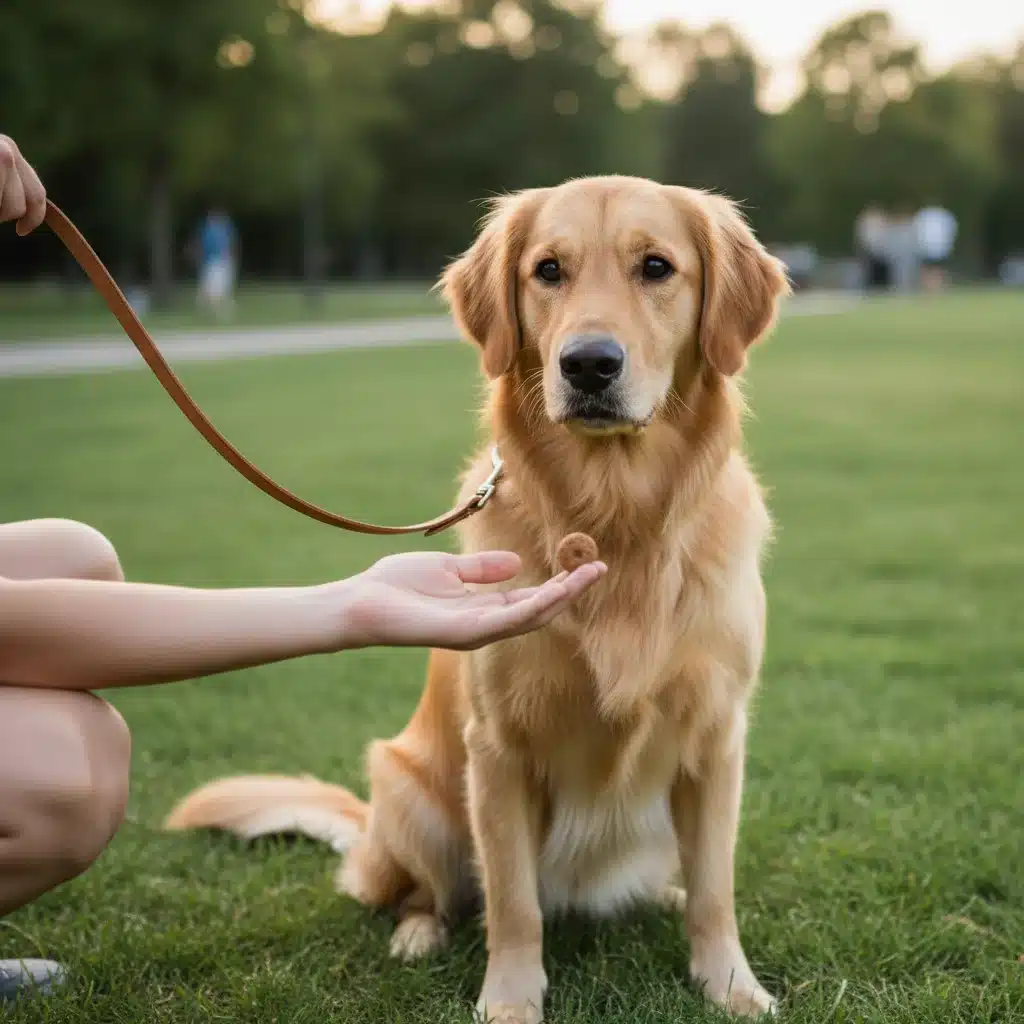 Dog in a sit position, being guided by a treat in lure training