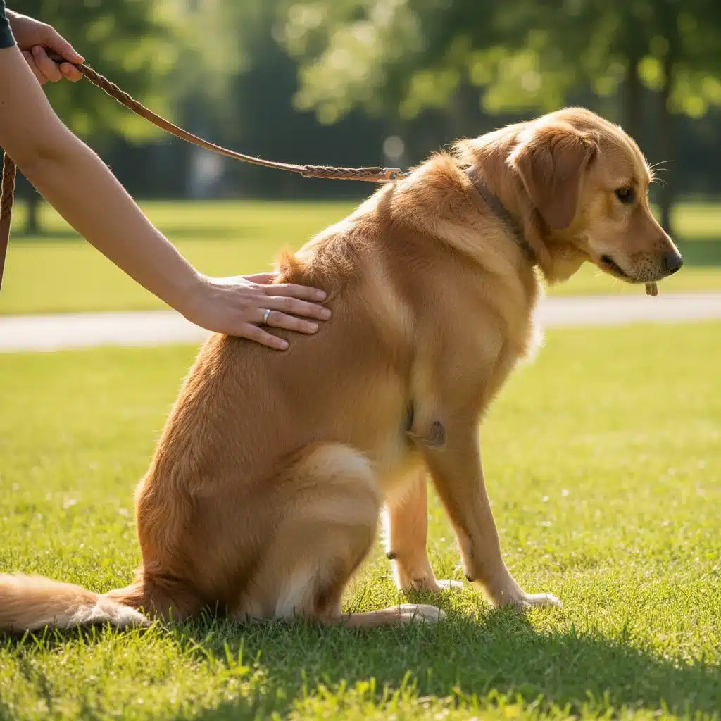 Dog being guided into a sit position by owner's hand
