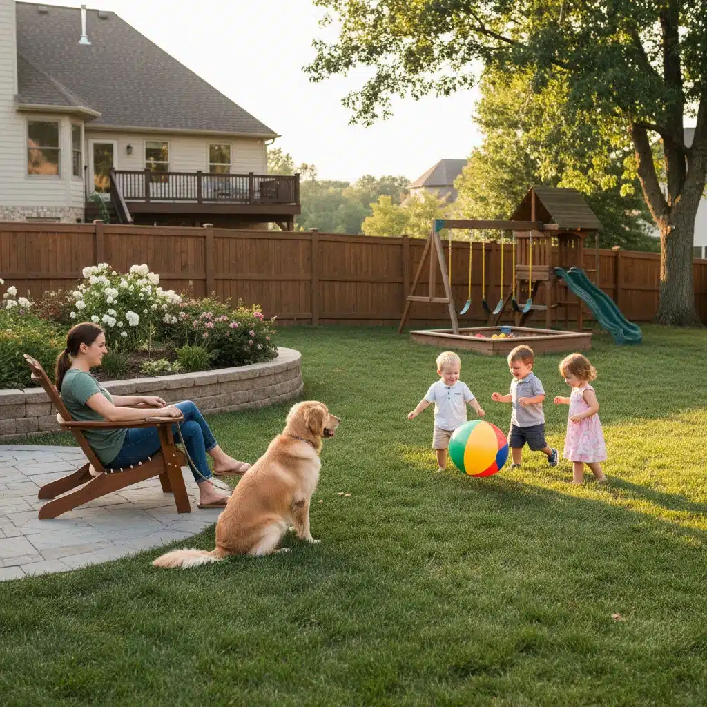 Dog calmly watching children play in backyard