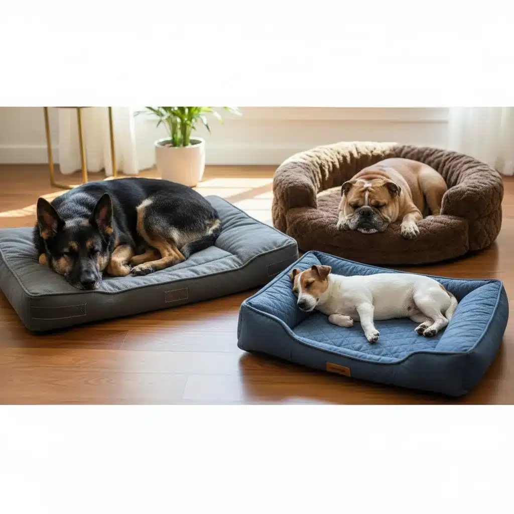Various dog breeds comfortably sleeping on different models of durable, long-lasting dog beds.