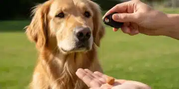 Golden retriever focused on clicker training with a treat reward