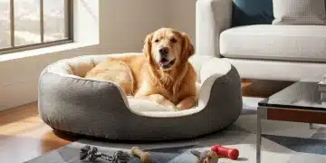 Golden retriever relaxing on a durable, chew-resistant dog bed in a bright living room.