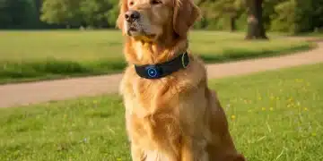 Golden Retriever wearing advanced GPS pet tracker collar in a park