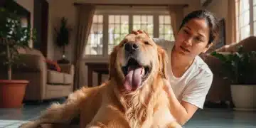 Golden retriever showing signs of heat stress on a cool floor with owner