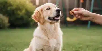 Golden retriever puppy learning commands with owner and treat