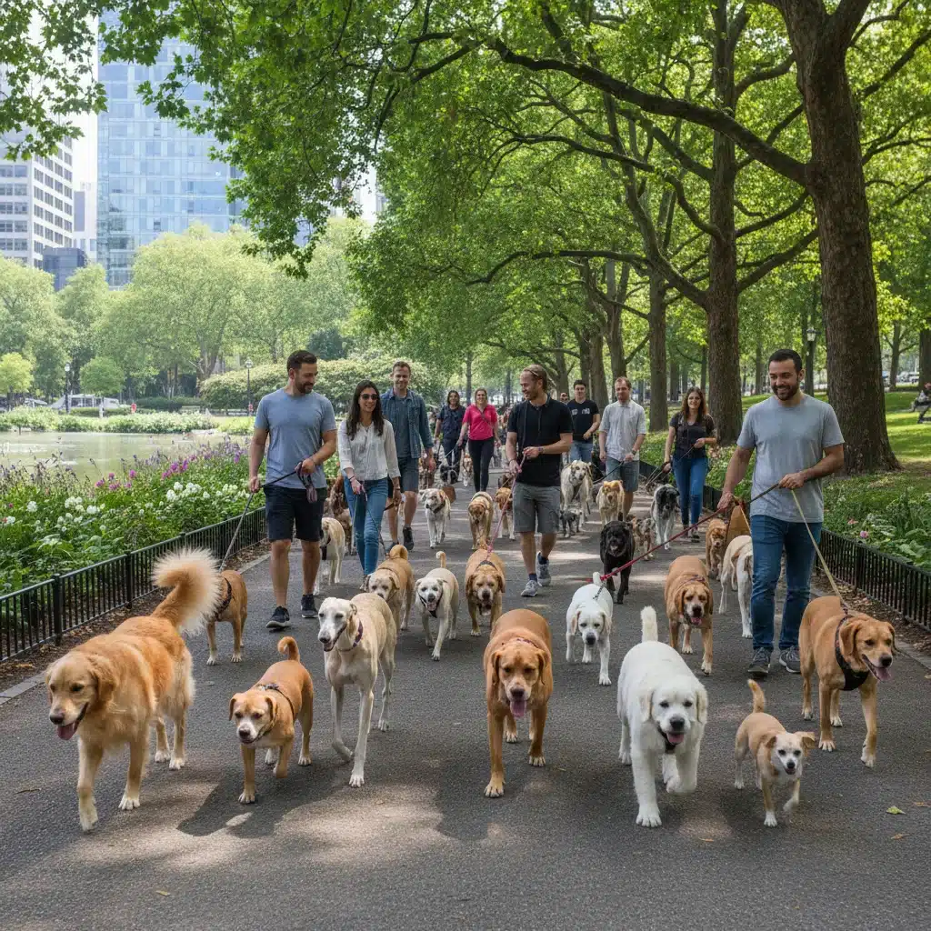 Group of dogs walking calmly on leashes with owners
