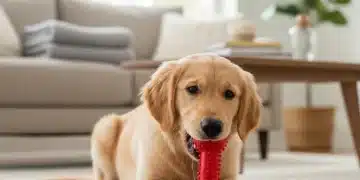 Happy golden retriever puppy chewing on a red rubber toy, preventing destructive chewing.