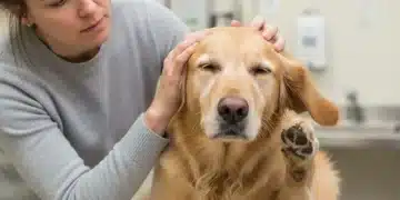 Concerned owner comforting itchy dog in veterinary setting