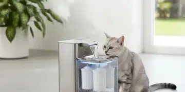 Modern pet water fountain with visible filtration, a cat drinking, and soft LED lighting.