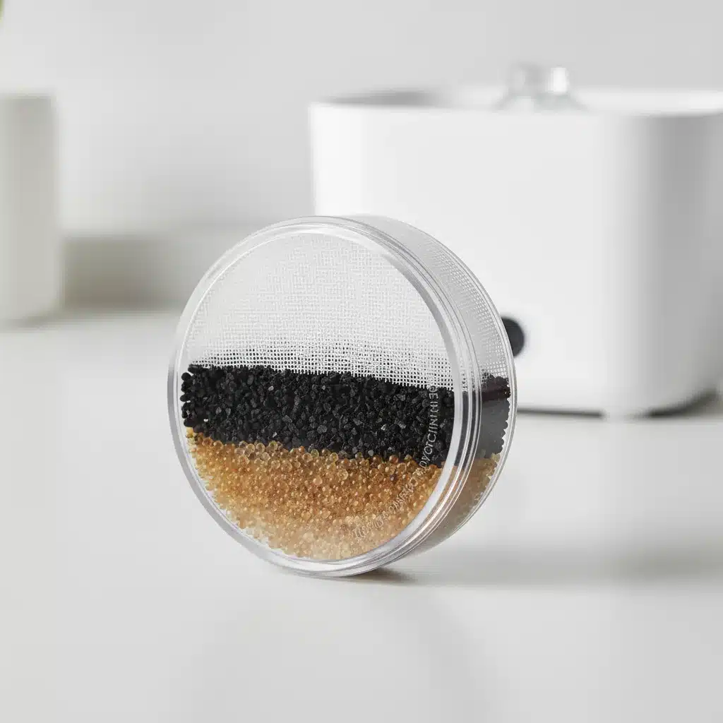 Close-up of a multi-stage pet water fountain filter, showing carbon and mesh layers.