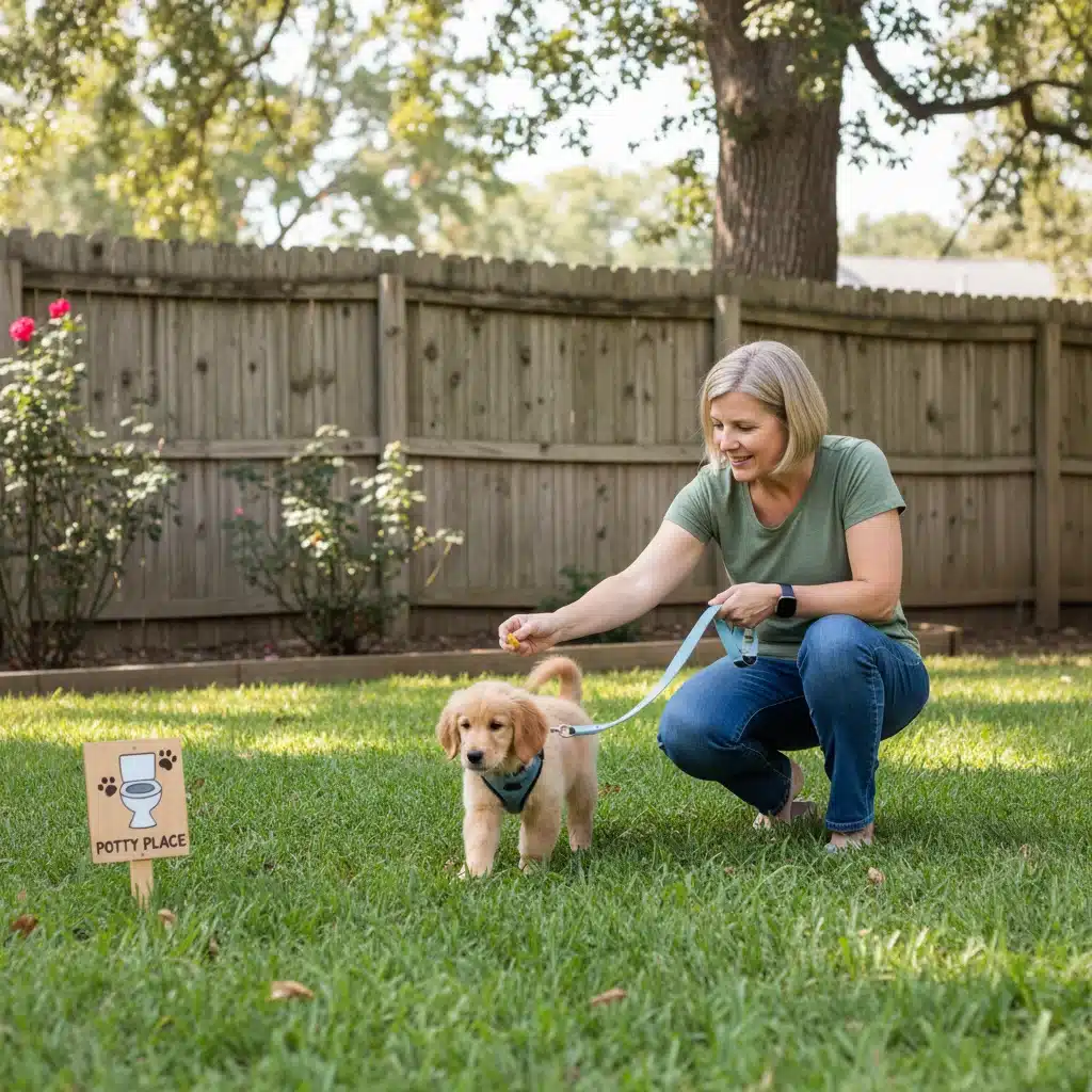 Owner guiding puppy to designated outdoor potty spot with a treat