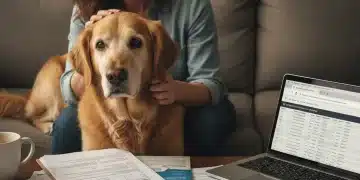 Pet owner reviewing pet insurance documents with a senior dog, highlighting chronic condition coverage concerns.