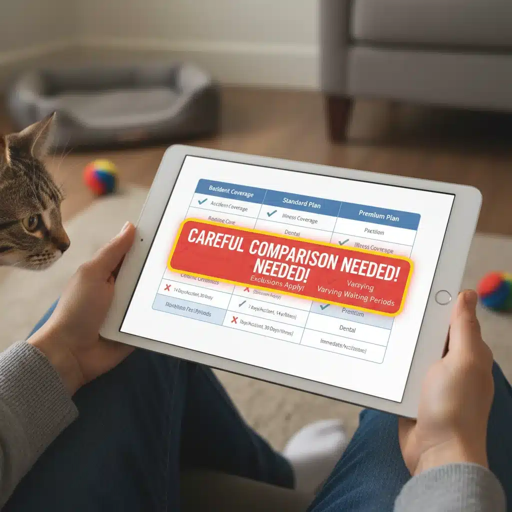 Infographic comparing pet insurance policies, emphasizing chronic condition exclusions and waiting periods.