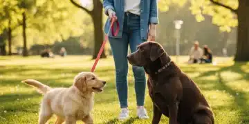 Puppy meeting older dog in park for socialization