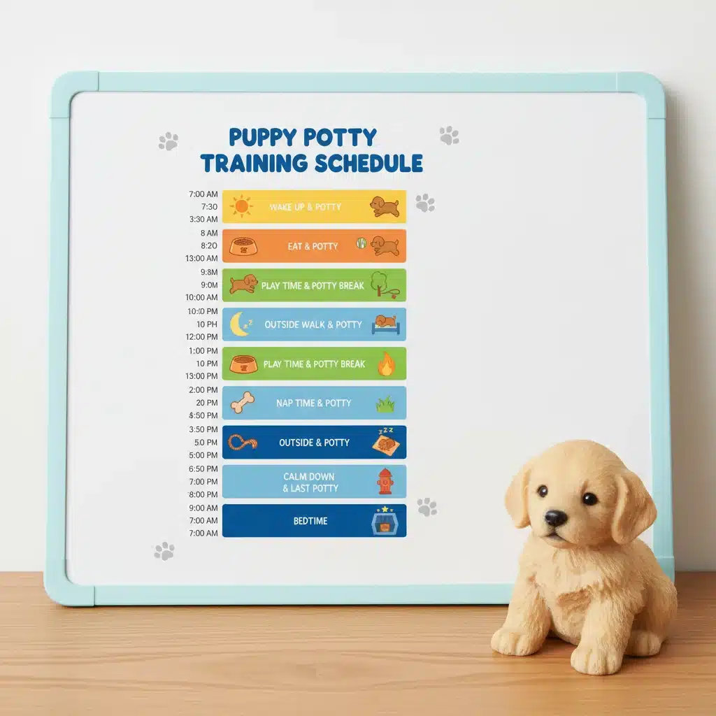 Detailed daily schedule for puppy potty training with time blocks and activities
