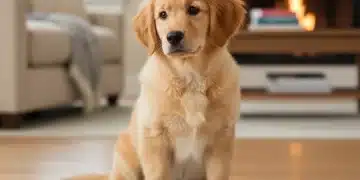 Golden retriever puppy looking at a training pad, ready for potty training