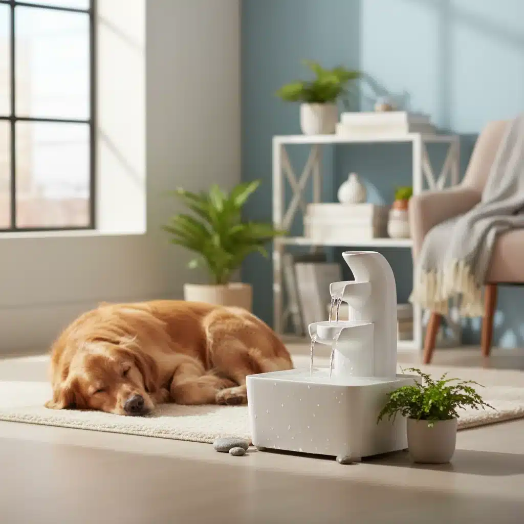 Quiet pet water fountain running silently with a dog sleeping peacefully nearby.