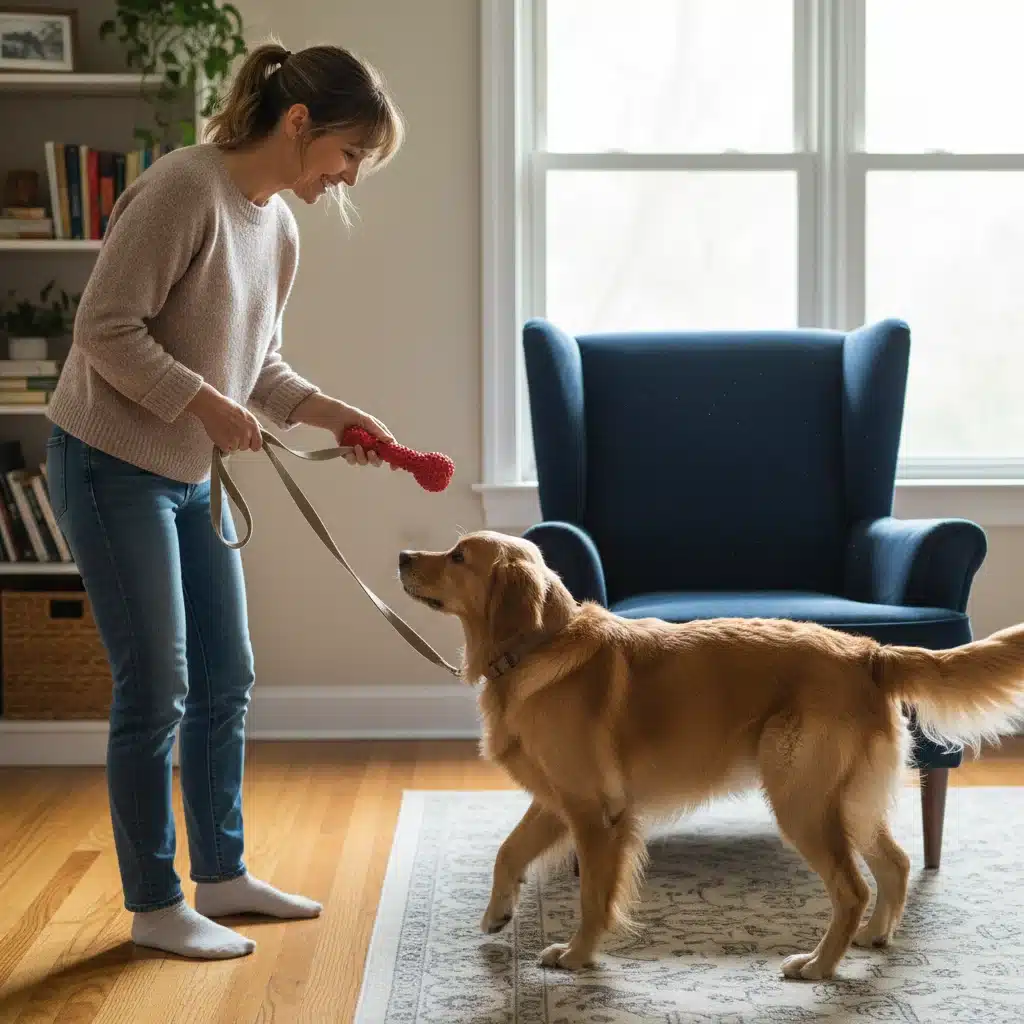 Pet owner redirecting dog from furniture to a chew toy, demonstrating positive training.