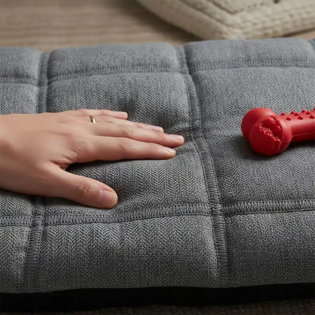 Close-up of reinforced stitching and heavy-duty fabric on a durable dog bed.