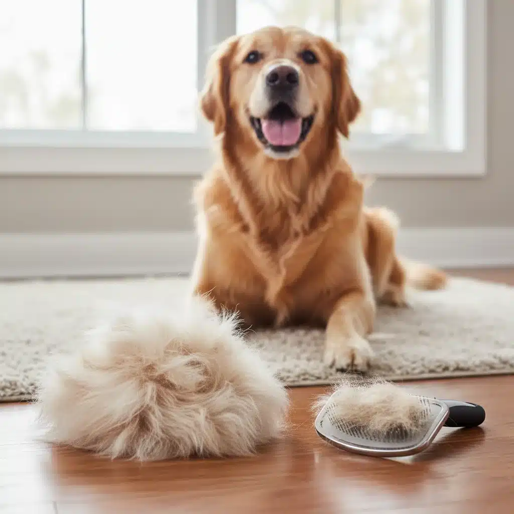 Pile of removed fur next to deshedding brush after grooming.