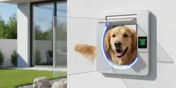 Modern smart pet door integrated into a home wall with a golden retriever.