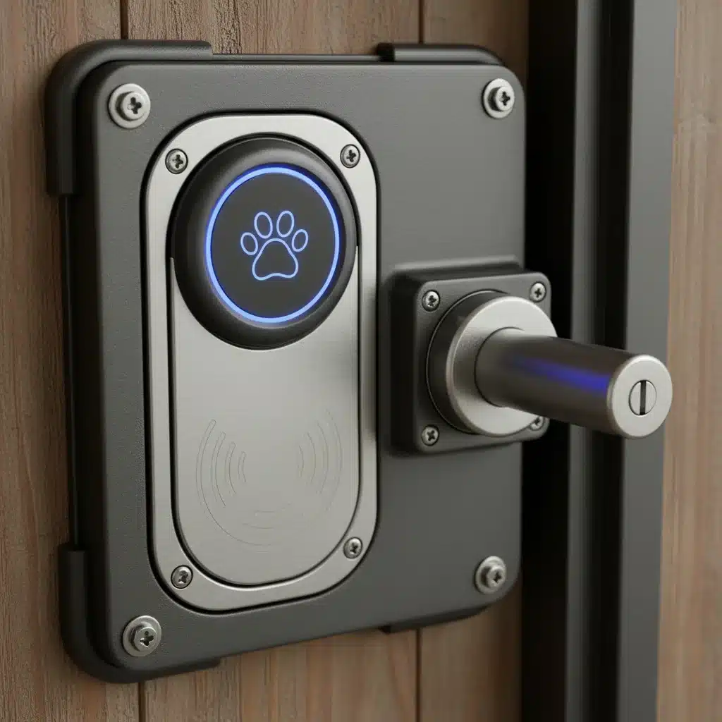 Close-up of smart pet door's advanced locking and microchip reader.